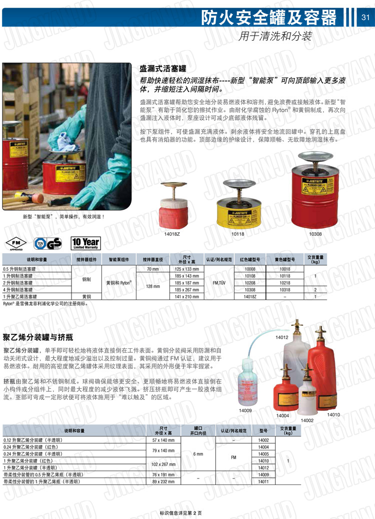 美國杰斯瑞特，JUSTRITE，活塞安全罐，盛漏式活塞罐，化學(xué)品分裝罐，